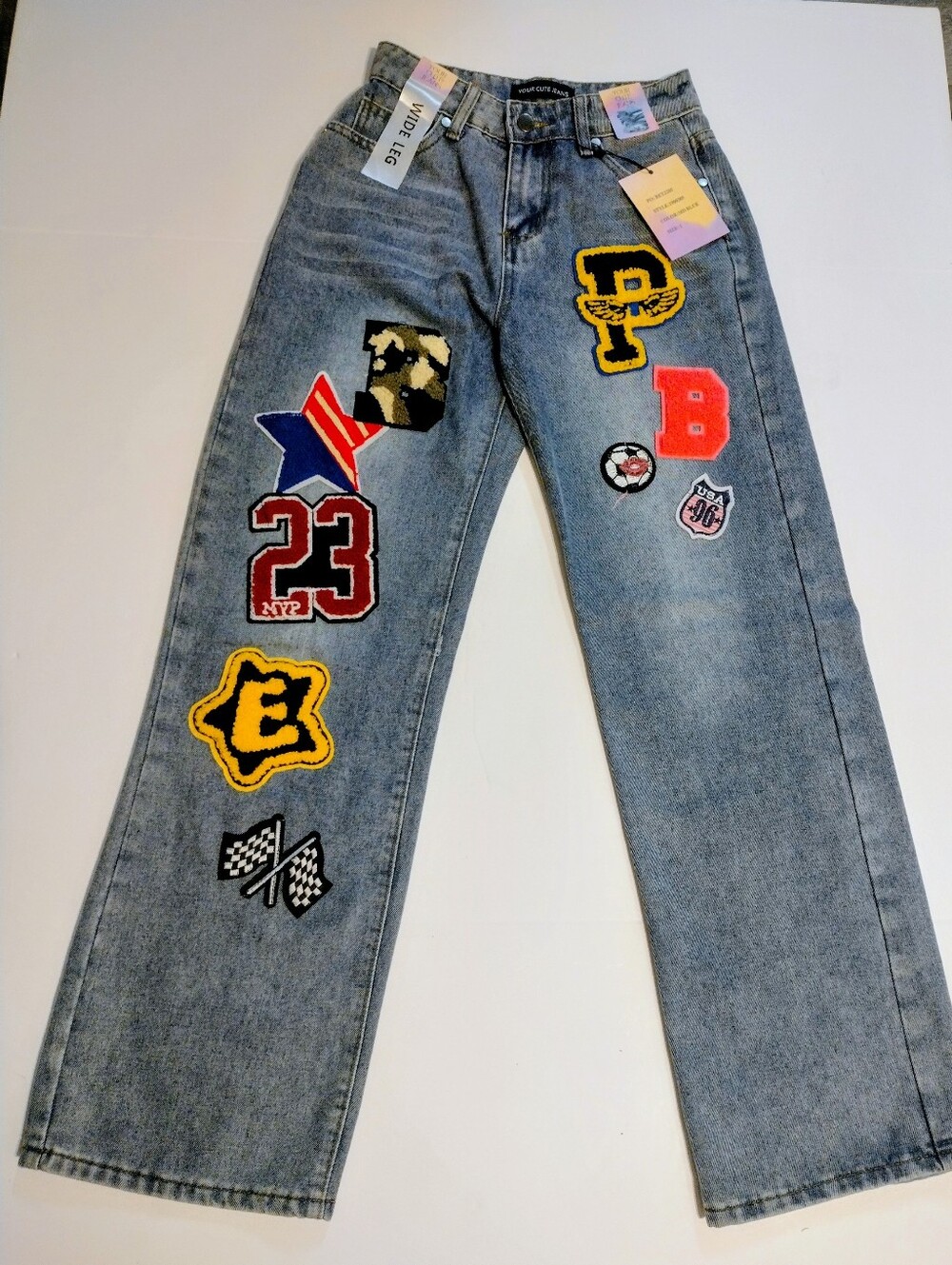 Women's (Junior) Jeans Size 1 Wide Leg Embroidered Patches Denim